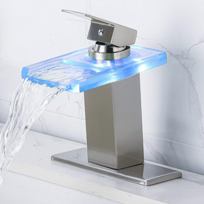 Brushed Nickel Bathroom Faucet, LED Spout Single-Handle Hot/Cold Mixing Faucet
