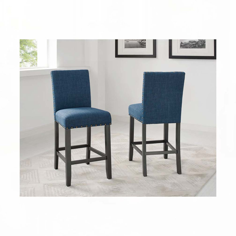 Fabric Upholstered Wood Bar Stools Set with Nailedhead Trim,Back, Blue