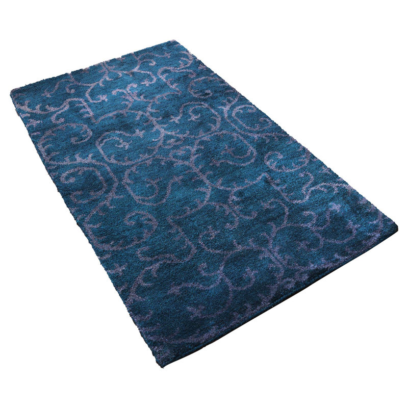 Premium Quality Contemporary Hand Knotted Silk Blue | Beige Rectangle Indoor Area Rugs, Rectangle 5' x 8'