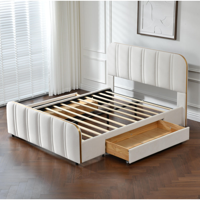 Upholstered Bed with 2 Large Wooden Storage Drawers, White, Queen