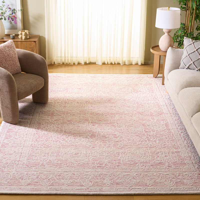 Tapis ivoire / rose en coton et laine touffetés à la main Chevallier, Rectangle 8 pi x 10 pi