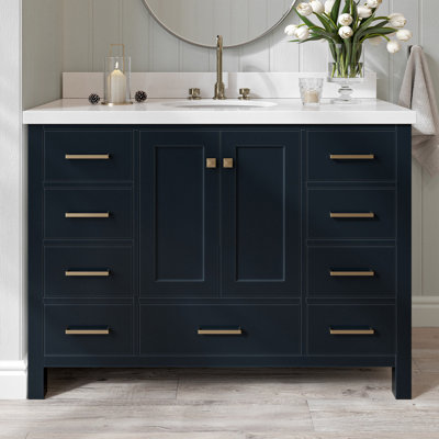 Meuble-lavabo simple en bois massif 49 po Cambridge avec plateau en quartz blanc pur 1,5 po Cambridge