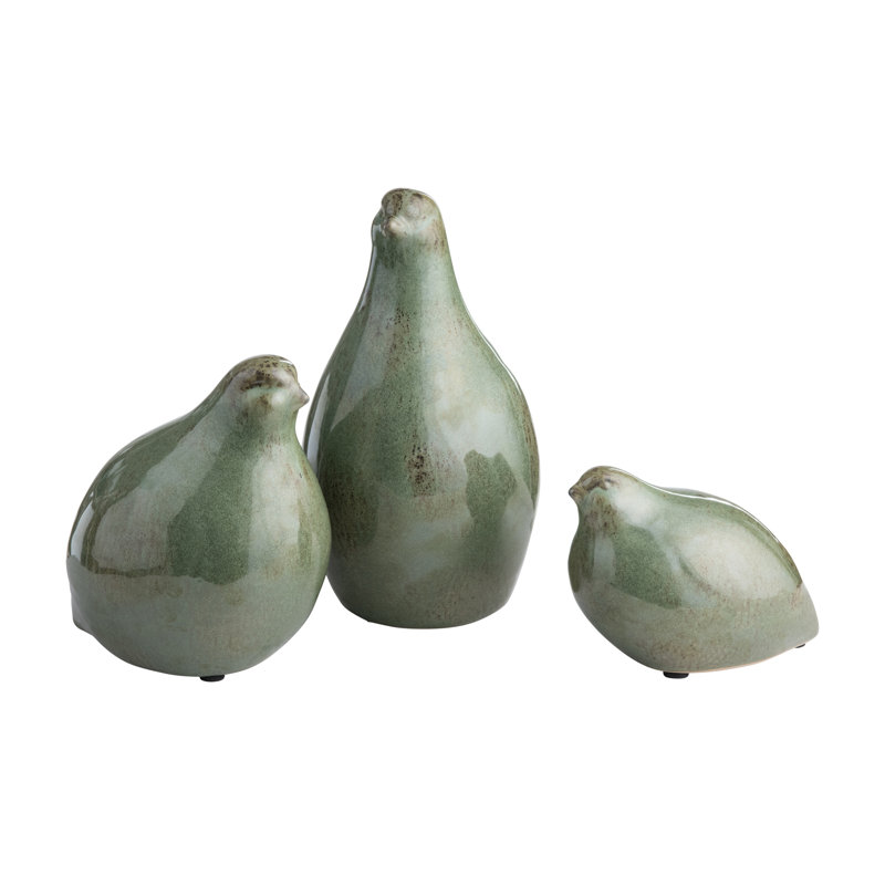 3 Piece Green Ceramic Partridge Statue Set