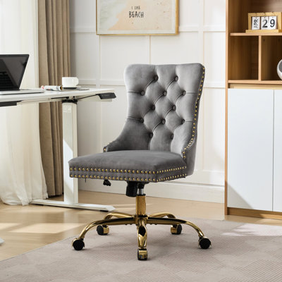 Modern Velvet Upholstered Button Office Chair With Golden Metal Base, Adjustable Swivel Desk For Study, Grey, High Rebound Sponge Cushion, Hand - Pulled Buttons, Decorative Nailhead Trim In Style,