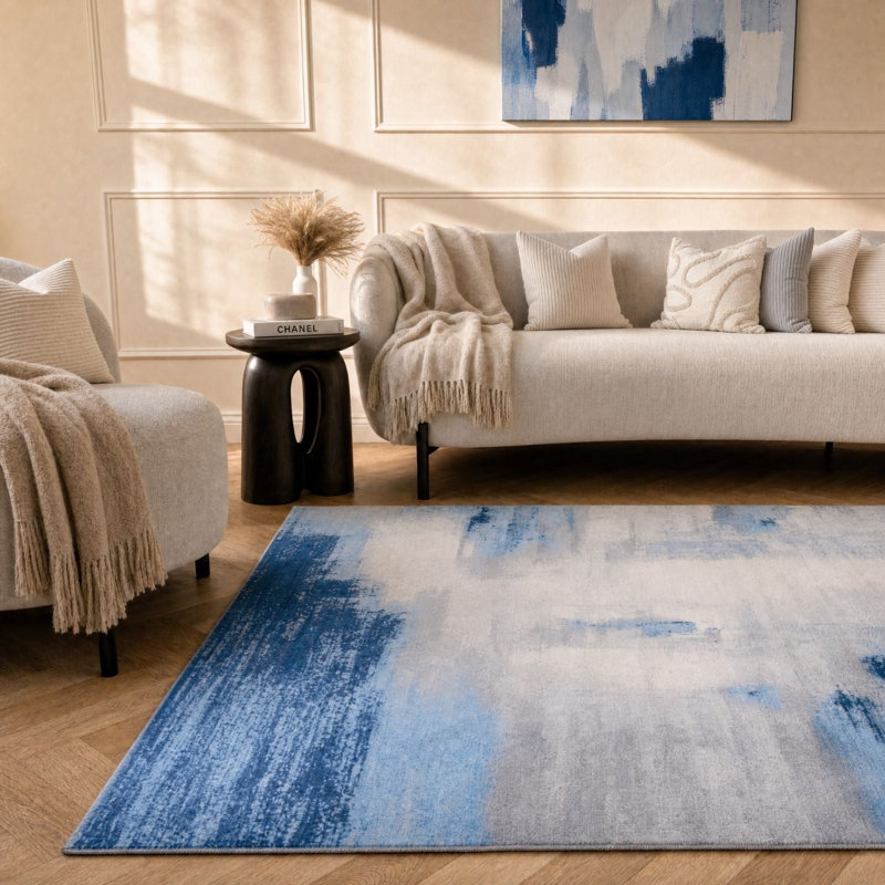 Elaris Collection Rectangle Abstract Area Rug, Navy/Light Grey, 80X150 cm