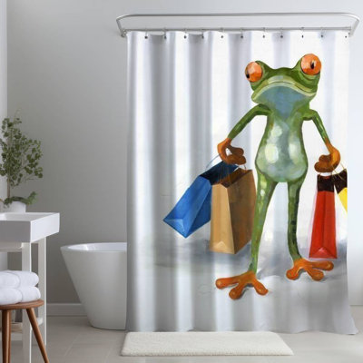 Funny Frog – Blue Animals Bedroom – Polyester Shower Curtain, Dye Sublimation Print, 71" W × 74" L