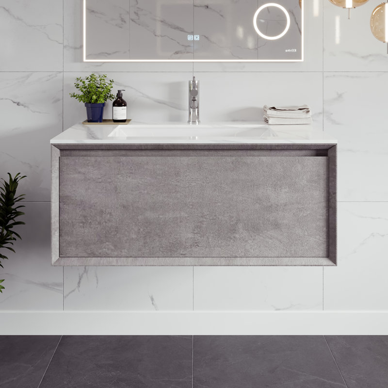 Aurora 36 In. Concrete Gray Wall Mount Single Sink Bath Vanity With Carrara Quartz Top And Undermount Porcelain Sink