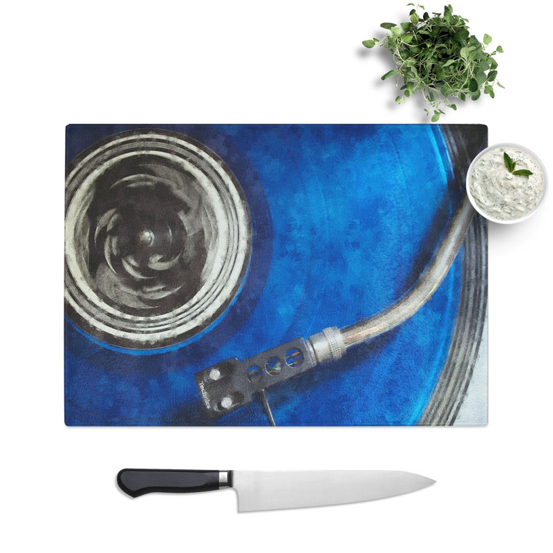 Tempered Glass Blue Vinyl Record Chopping Board, 28.5 cm x 39 cm