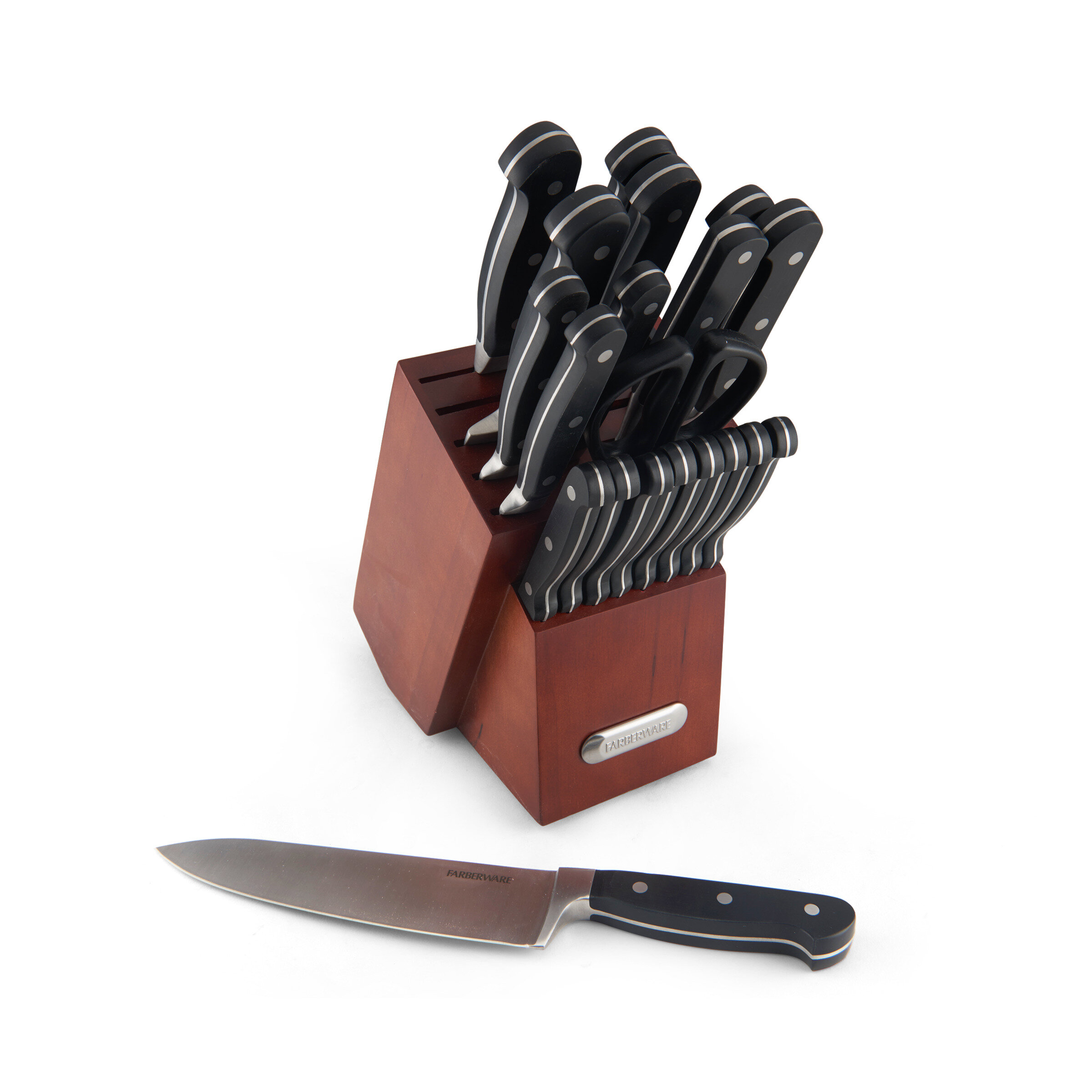 Farberware EdgeKeeper 14-Piece Forged Triple Rivet Kitchen Knife Block Set,  White