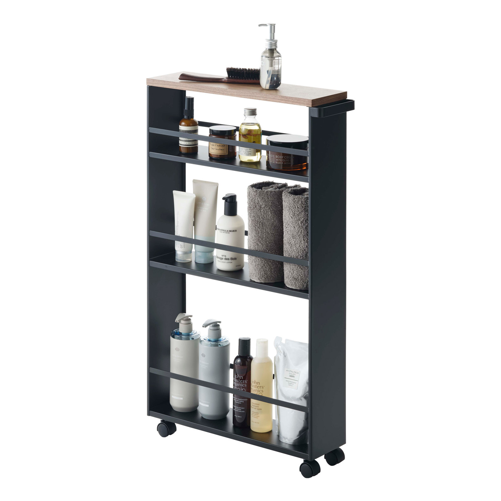 Tower Yamazaki Home Rolling Slim Storage Three Tier Utility Cart With Handle, Steel, Handle, Wheels, Black