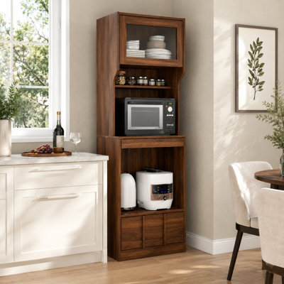 Armoire à vin en noyer avec porte vitrée, tiroir et tablettes ouvertes, armoire de rangement sur pied avec armoire pour cuisine et salon