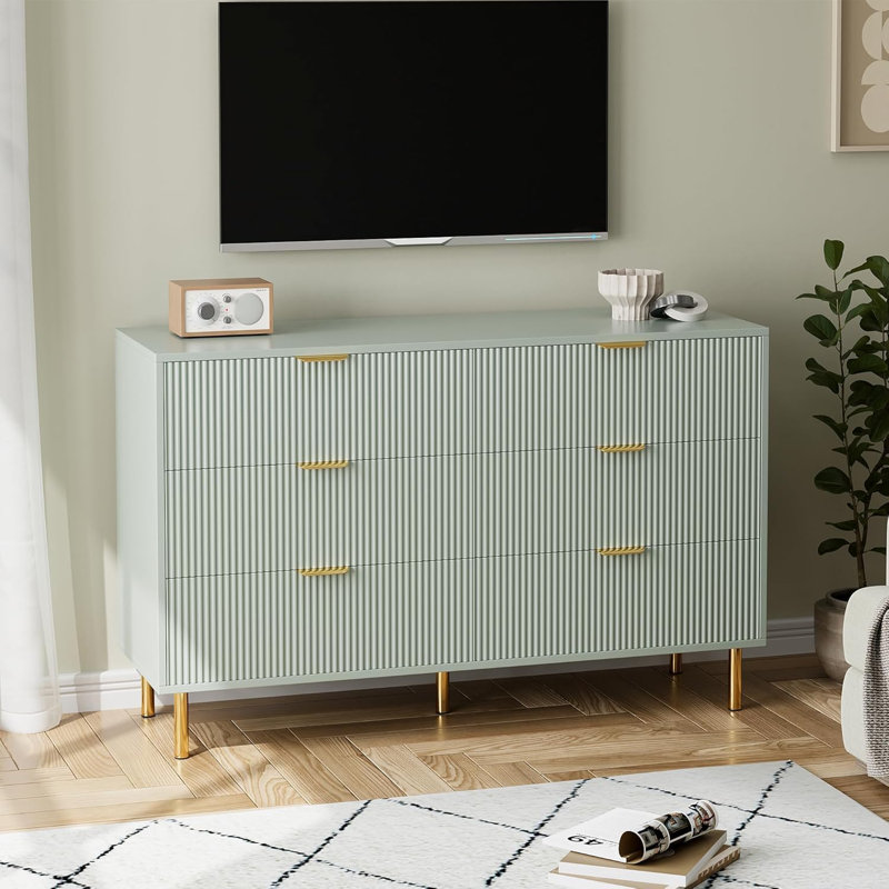 Commode verte à 6 tiroirs - moderne, poignées dorées, grands tiroirs, couloir