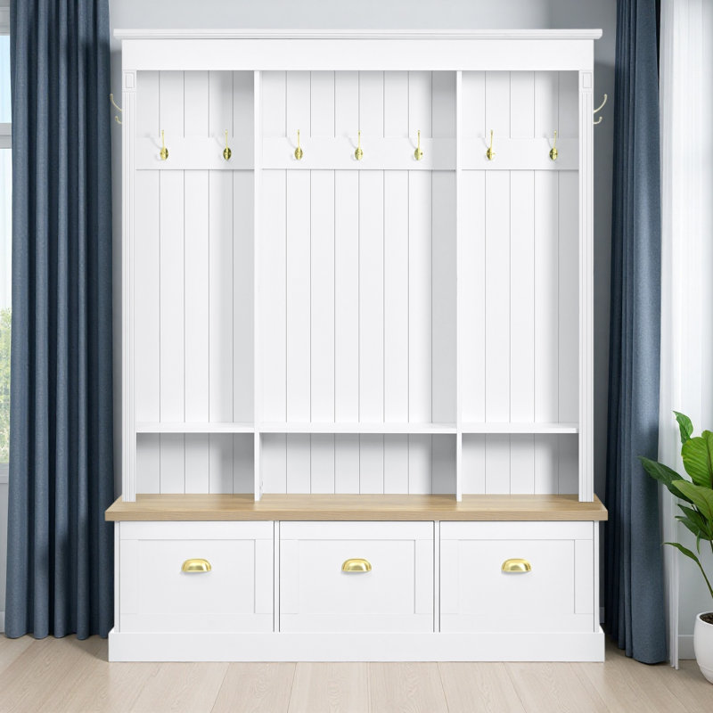 Elegant APP Controlled LED Light Hall Tree With 9 Hooks, Roman Column Design Natural Storage Bench With 3 Large Cabinets, Farmhouse Entryway Organizer With Shelves For Hallway