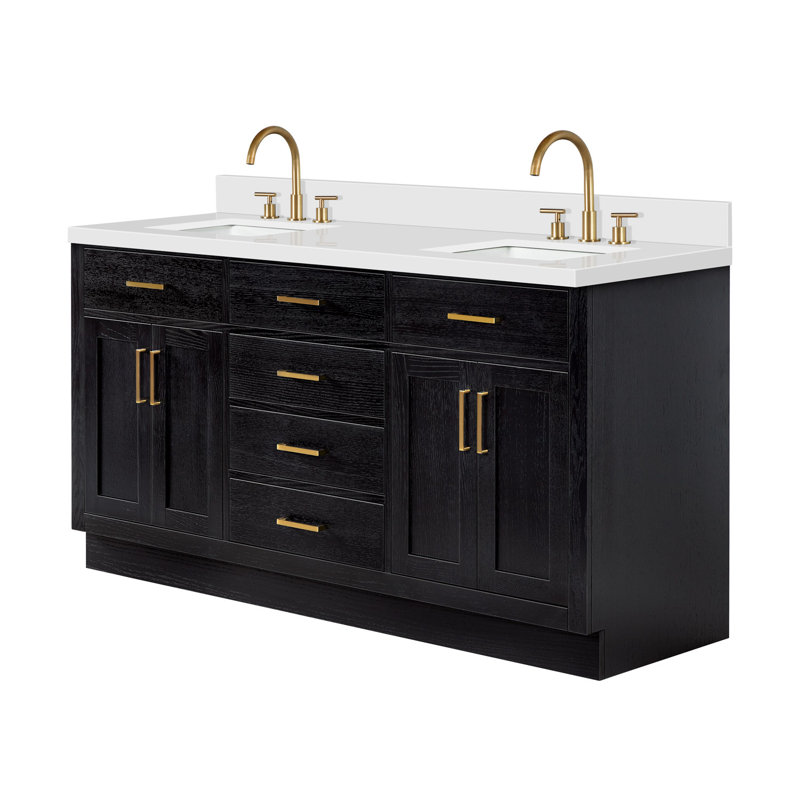 Thornaby 66'' Solid Wood Double Bathroom Vanity with 1.5'' White Quartz Top, Oval Sinks, Rectangular, Black Oak / Satin Brass