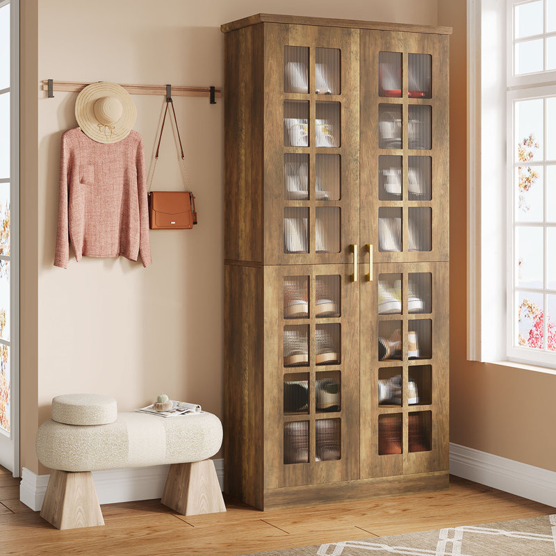 Armoire à chaussures 70,8 po de hauteur avec portes, armoire de rangement à 8 niveaux avec tablettes réglables, Brun rustique