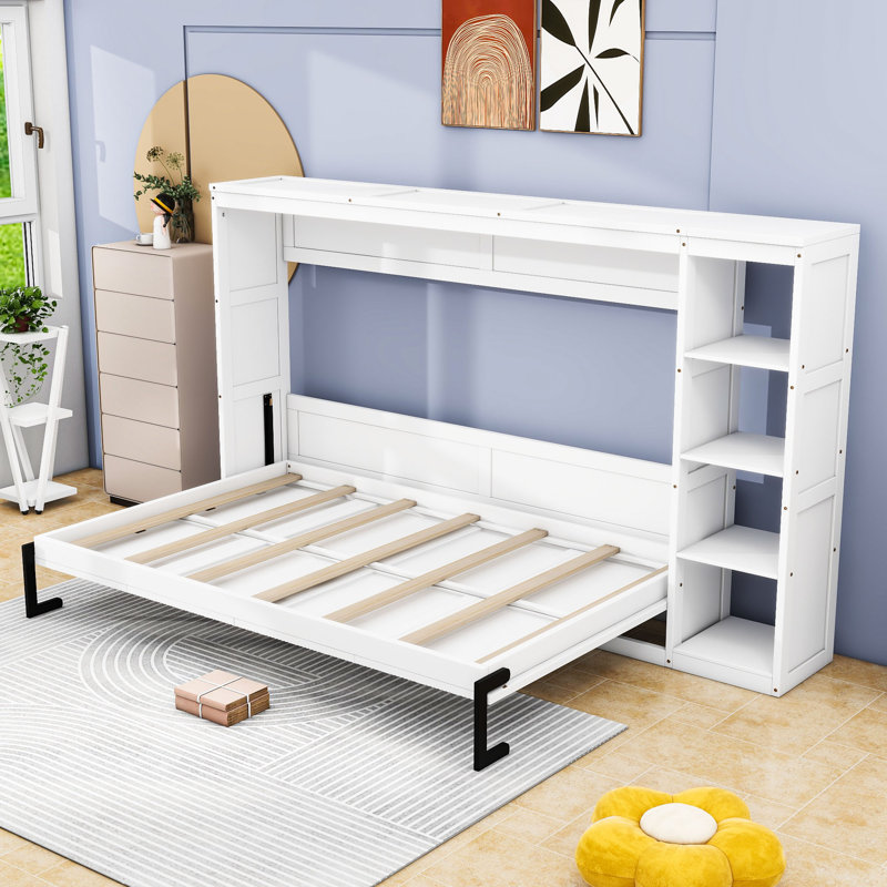 Wooden Murphy Bed with Bookshelf, White, Full / Double