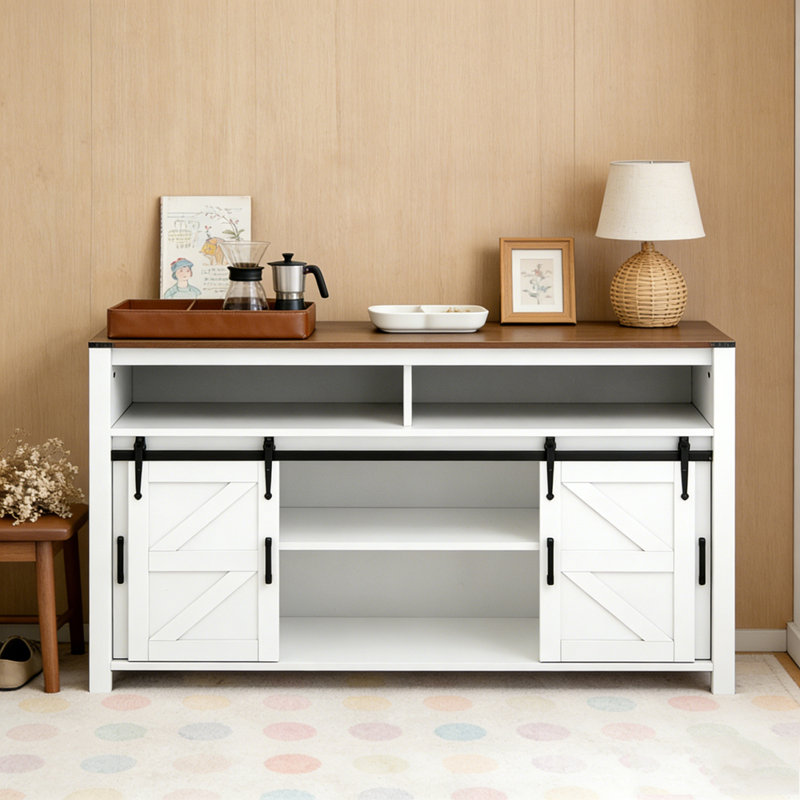 Buffet de ferme avec rangement ouvert 59,3 po avec porte de grange coulissante et panneaux grillagés, Brun / Blanc