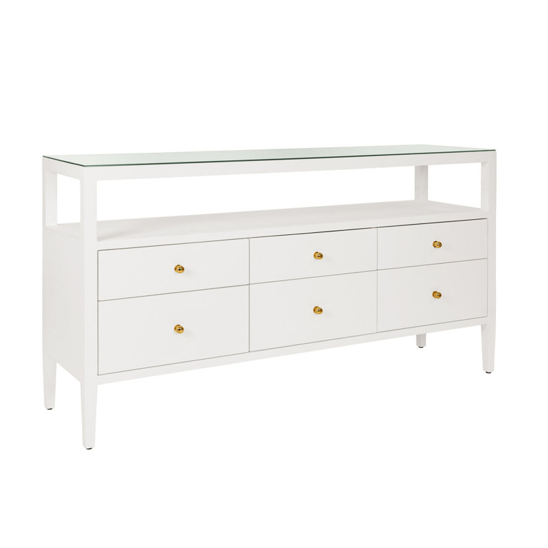 Six Drawer Console With Open Shelf In Textured White Linen With Polished Brass Knobs, White