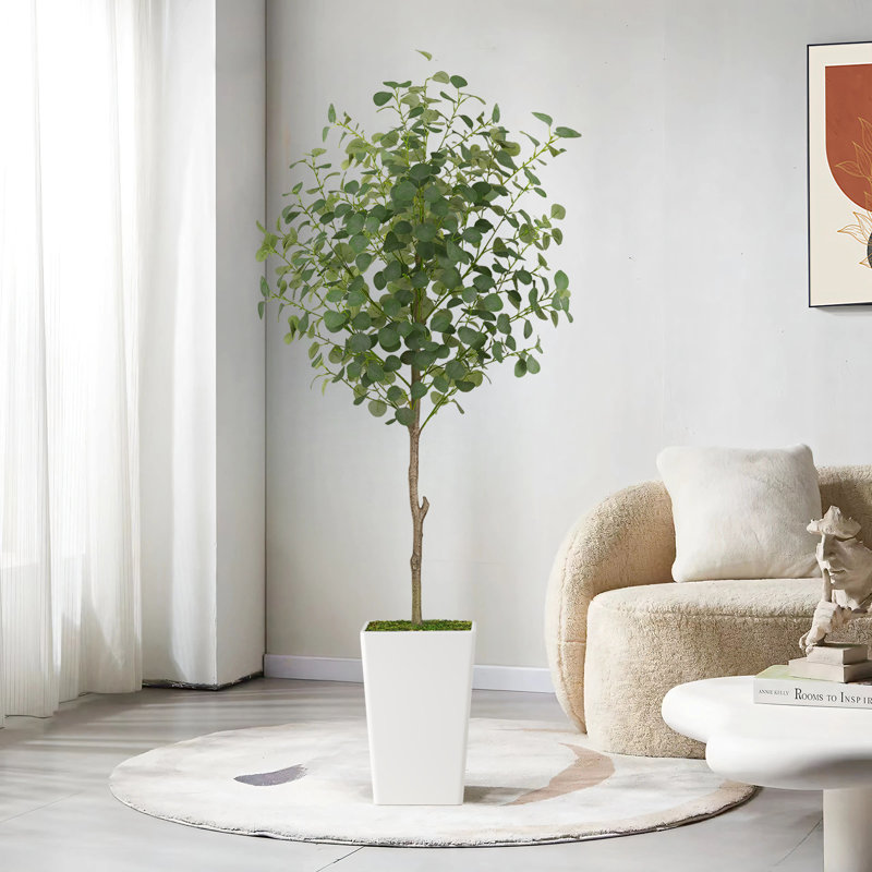 Arbre d'eucalyptus artificiel Paislee, faux eucalyptus avec grande jardinière blanche, feuilles réalistes