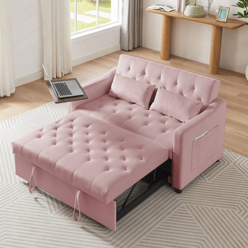 Latitude Run 3 in 1 Convertible Sofa Bed, Vincy Sleeper Loveseat with Side Table, Pull Out Couch with 2 Pockets and 2 Pillows for Living Room Apartment Office
