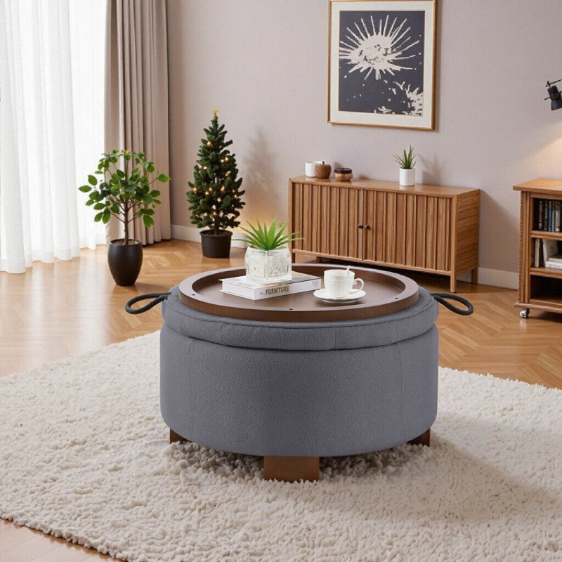 Table basse avec rangement caché, pieds en bois, repose-pieds rond avec couvercle réversible, Gris foncé