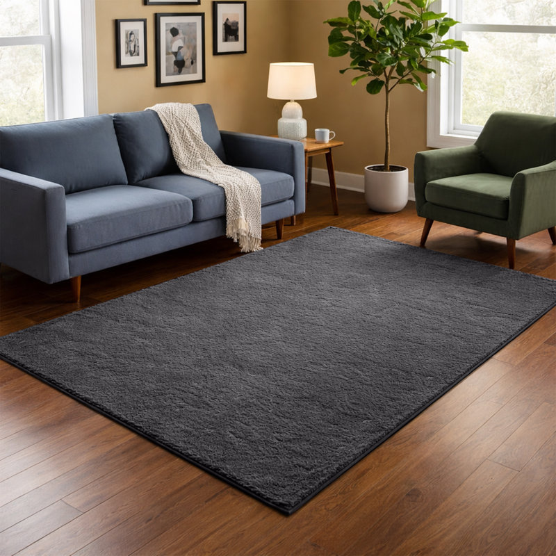 Luxurious Fluffy High-pile Living Room Large Area Rug, Rectangle 120 x 170 cm, Black