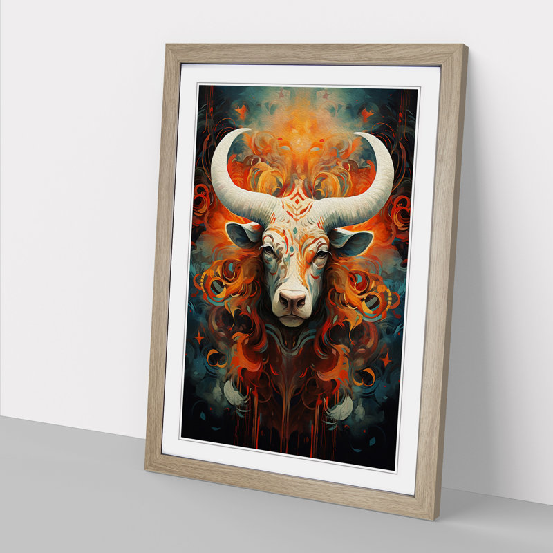 Taurus Zodiac Abstract - Framed Print, 46" H x 34" W x 2" D, Oak