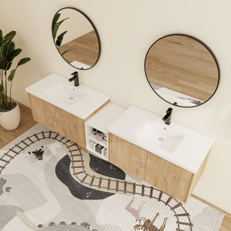 Meuble-lavabo mural double 84 po avec 4 portes et plateau en résine blanche Jenneen, Marron clair, 82"