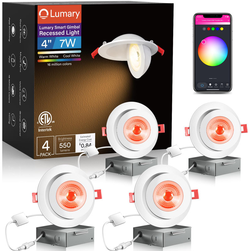 Luminaire encastré à cardan réglable intelligent de 4 po Lumary, projecteur à DEL à changement de couleur RVBWW, pivotant à 360 ° et inclinable à 90 °, angle de faisceau de 26 °, compatible avec Alexa et Google