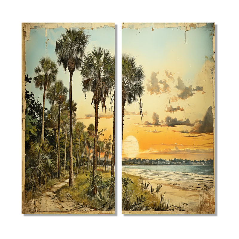 Collage rétro de la Floride, palmiers et plage V - art mural vert, H 32 po x l 32 po, Toile tendue, Ne s’applique pas