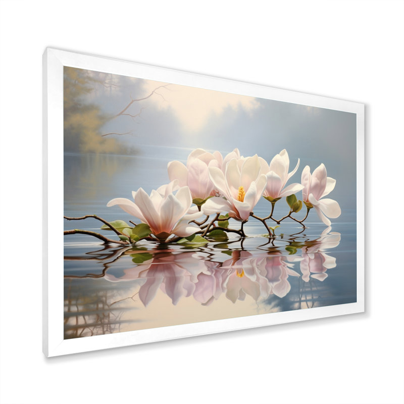 Blanc blanc gris Magnolias Magnolia Reflections I - Magnolias, art mural, H 30 po x l 40 po x P 1,5 po, Cadre simple blanc