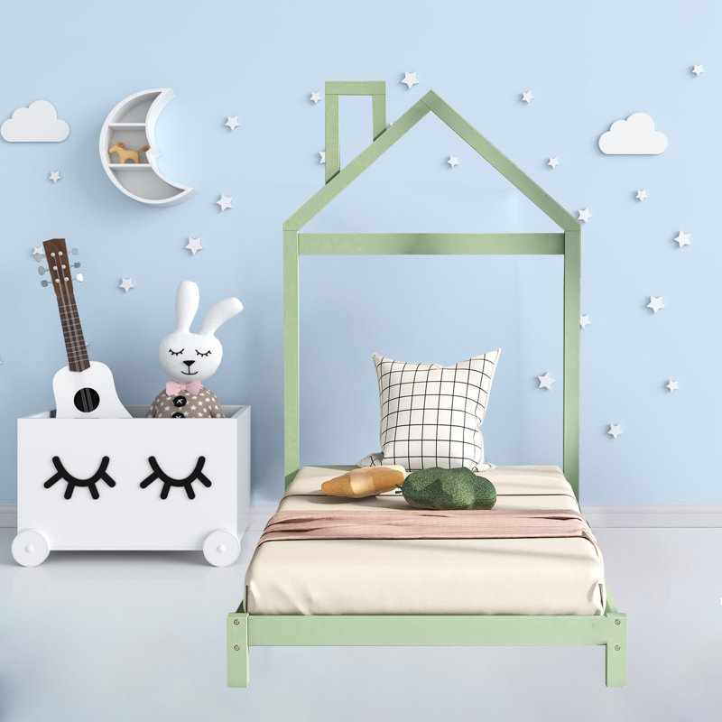 Structure de lit simple sans matelas, lit plateforme en bois avec tête de lit de forme maison, taille: 42,3 po x 77,3 po x 67,5 po, vert