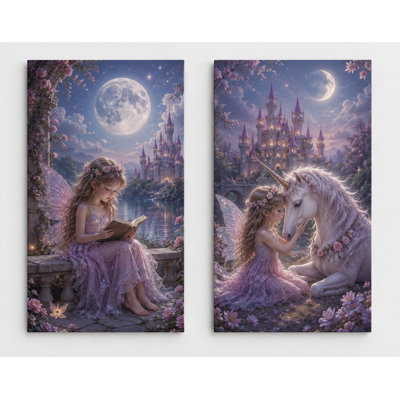 Large Set of 2 Fairy Unicorn Reading Wall Art Moonlit Castle Canvas Prints for Girls Bedroom Reading Corner Decor 16x24 Inch Canvas Print - Ready to hang