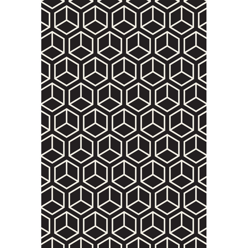 Tapis géométrique en polyester tissé à la machine en noir et blanc, Rectangle 1 pi 8 po x 2 pi 7 po