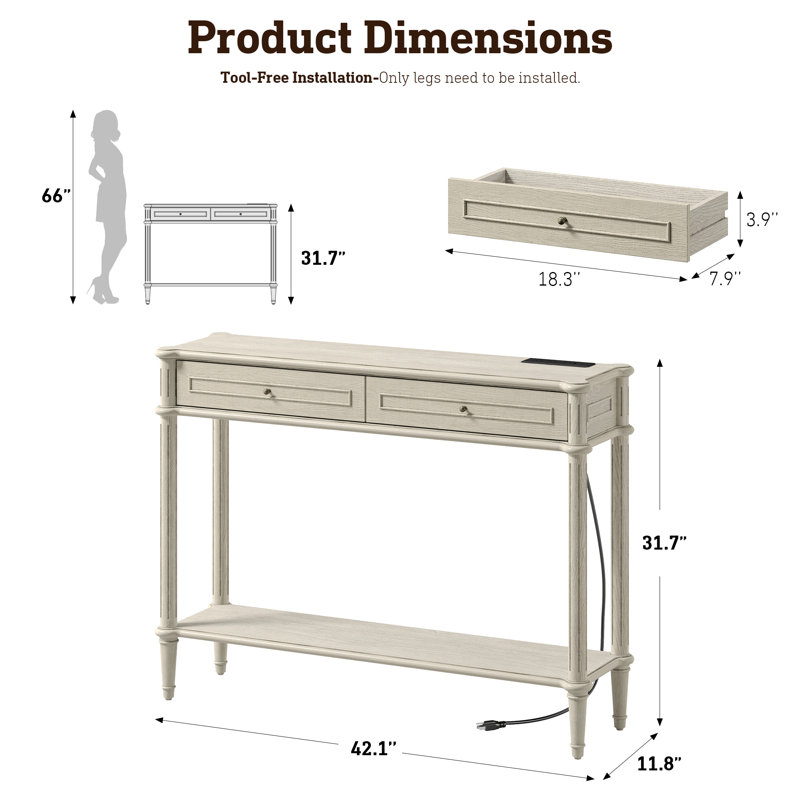 Console Table For Entryway With Charging Station,retro Entryway Table With 2 Drawers-easiest Assembly,sofa Table With Bottom Shelf,narrow Long Couch Table Behind Sofa For Living Room,foyer (white)