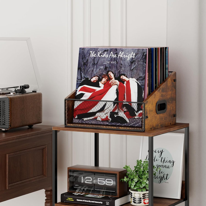 Vinyl Record Storage Holder, Trapezoidal LP Vinyl Record Crate With Handle, Wood , Metal Album Storage Desktop Organizer Box For Books Files