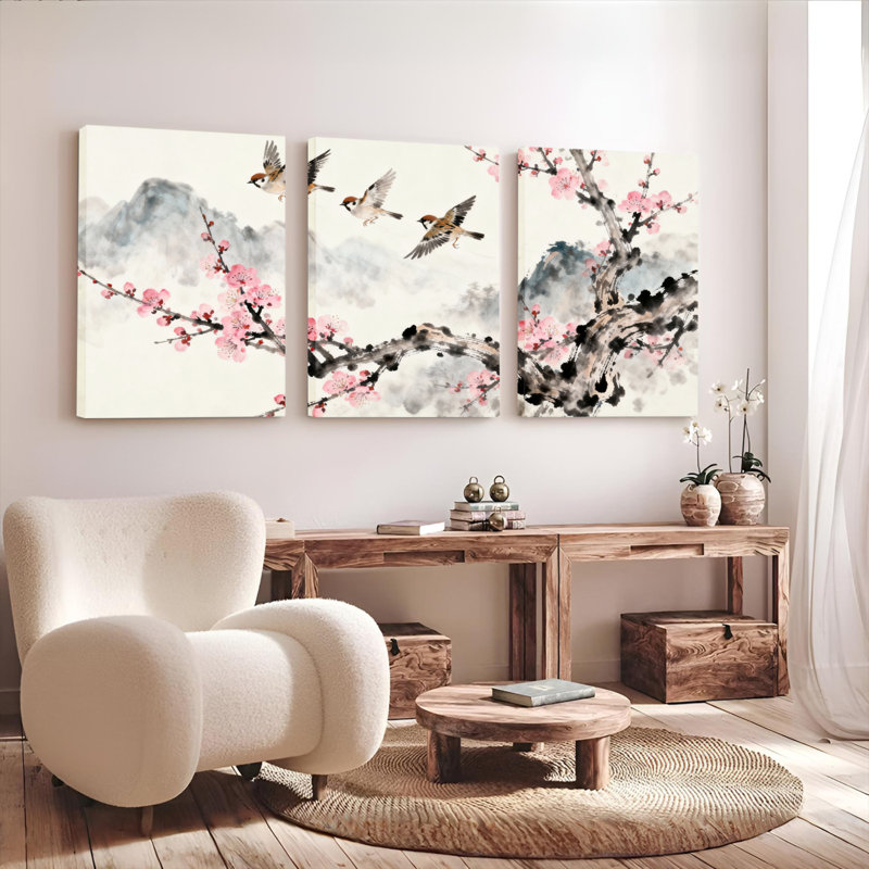 Fleurs de cerisier et oiseaux en vol, tableau sur toile de style peinture traditionnelle chinoise à l'encre (ensemble de 3)