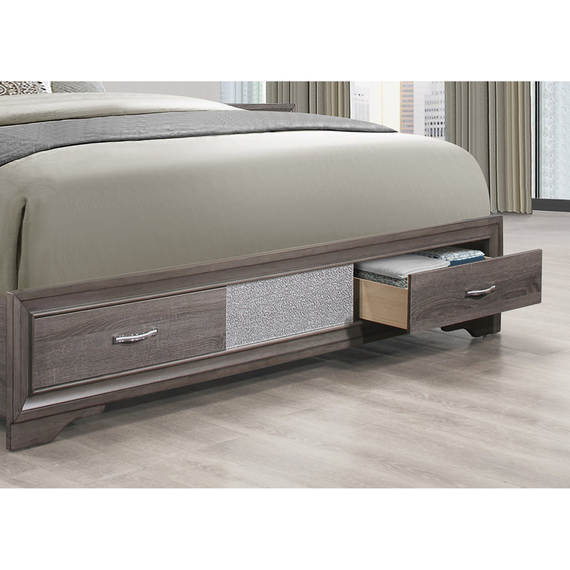 Lit double en gris scintillant, tête de lit à panneau et deux tiroirs, bois massif et perceptible, décorations en cristal de taille grise - + 2 56,06 po X P 51,54 po