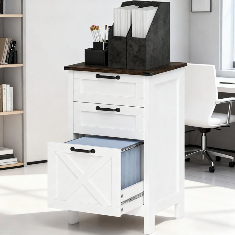 Classeur de bureau, 3 tiroirs, usage domestique, style rustique, barre réglable, fonctionnement silencieux et moderne des tiroirs, thème du design, compartiments, revêtement à gratter