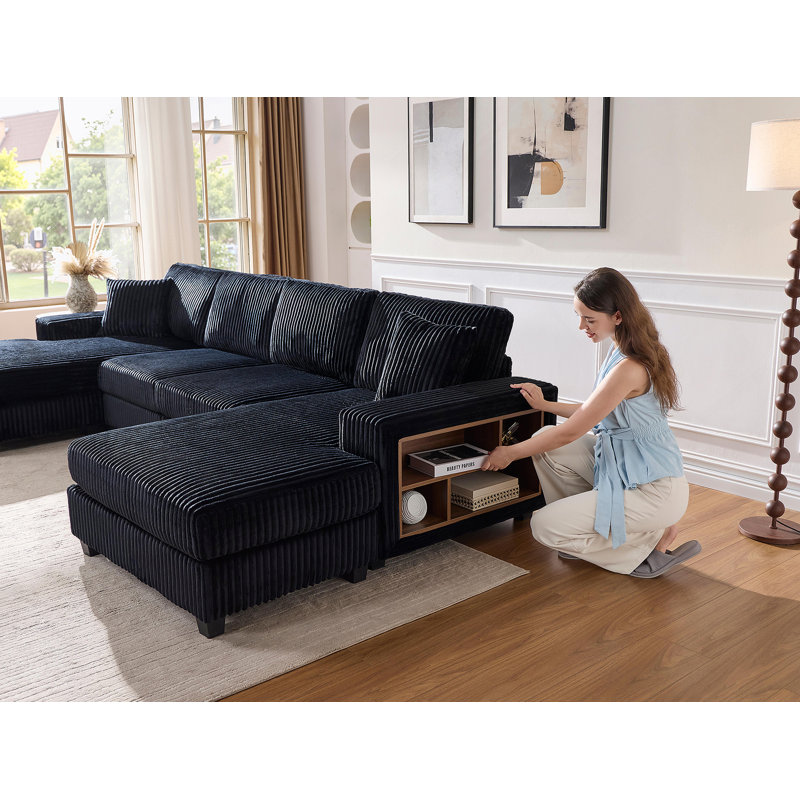 Canapé convertible en forme de U avec tissu velours côtelé, offrant confort moderne et fonctionnalité pour la détente du salon
