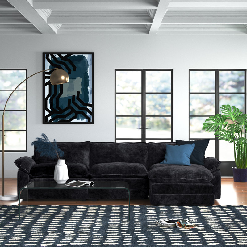Avrilynn Upholstered Cloud Sofa&Couch with Ottoman, Black Polyester, 120"W x 32.3"D x 33.5"H (3-Seat)