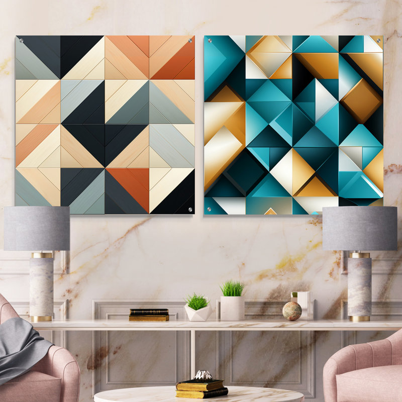 Hucksley - Ensemble de 2 peintures murales abstraites géométriques en acrylique, H 36 po x l 73 po