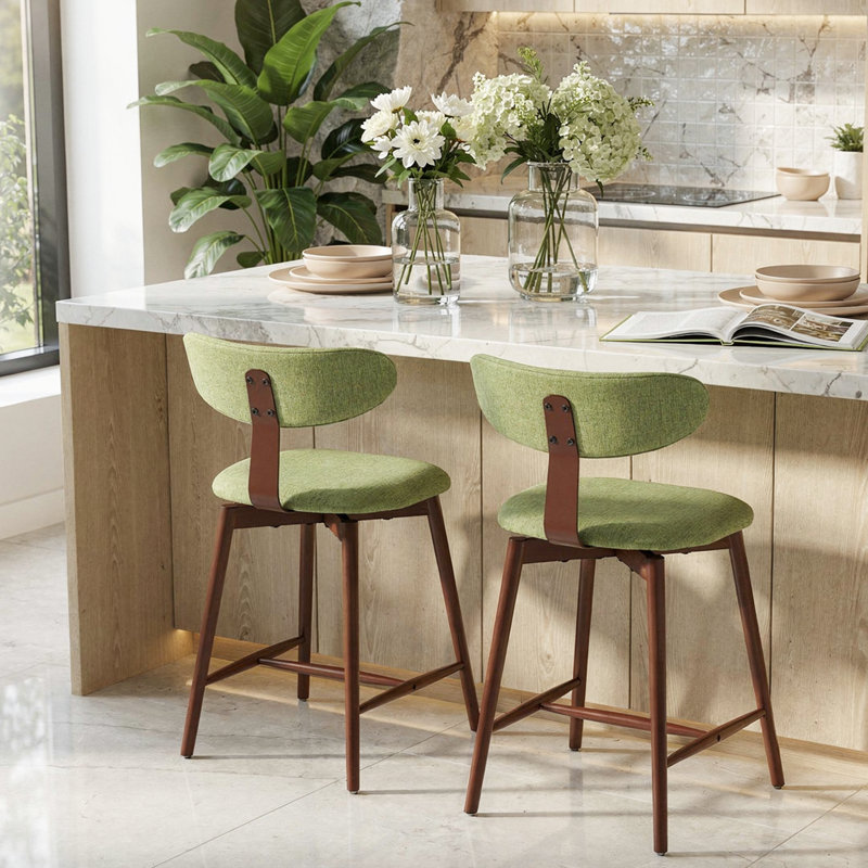 Tabouret de bar pivotant rembourré en mélange de coton avec dossier incurvé, Vert