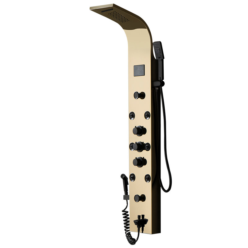7-way Diverter Rainfall Shower Tower Panel System with Rainfall Waterfall Shower Head and Shower Wand, Black Gold