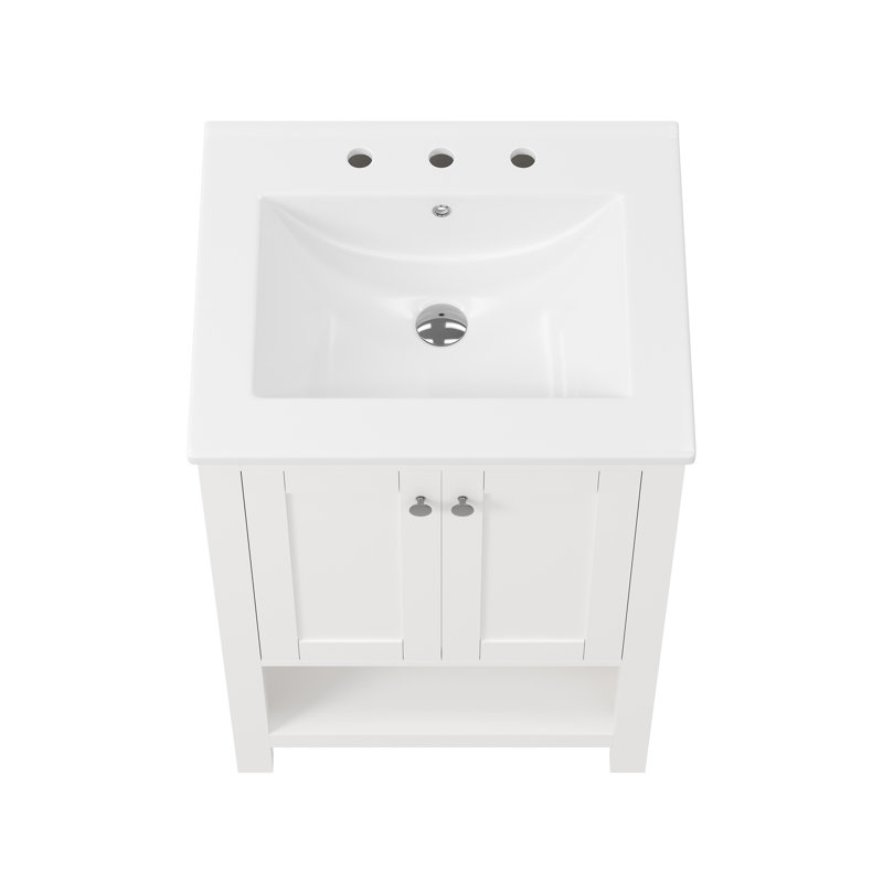 24" White Solid Wood Freestanding Bathroom Vanity with Ceramic Sink