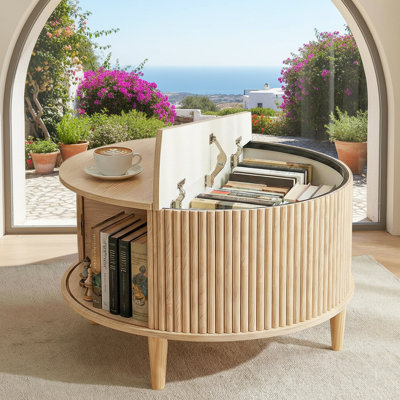 Round Coffee Table With Storage, 31.69" Mid Century Modern Fluted Centre Table For Living Room, 2-Tier Rustic Wood Tabletop With Sliding Cabinet Door, Wood Finish