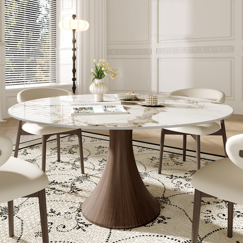 Stone Round Boydton With 4/6 Premium Solid Wood Leather Upholstered Dining Chairs For Kitchen/Dining Room, Sand