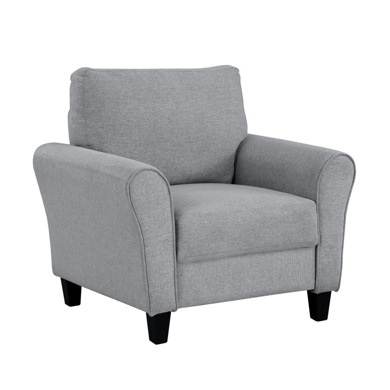 Chaise moderne en tissu texturé gris foncé avec base en contreplaqué et coussin de siège à accoudoirs arrondis