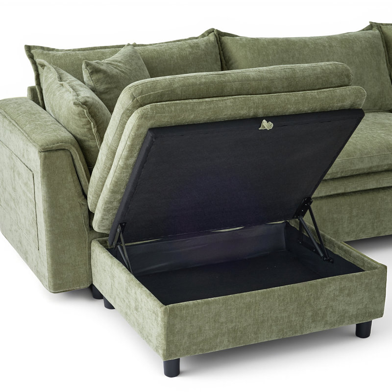 113'' Upholstered L-Shape Sectional Cloud Couch With Storage Ottoman, Avocado Green Chenille