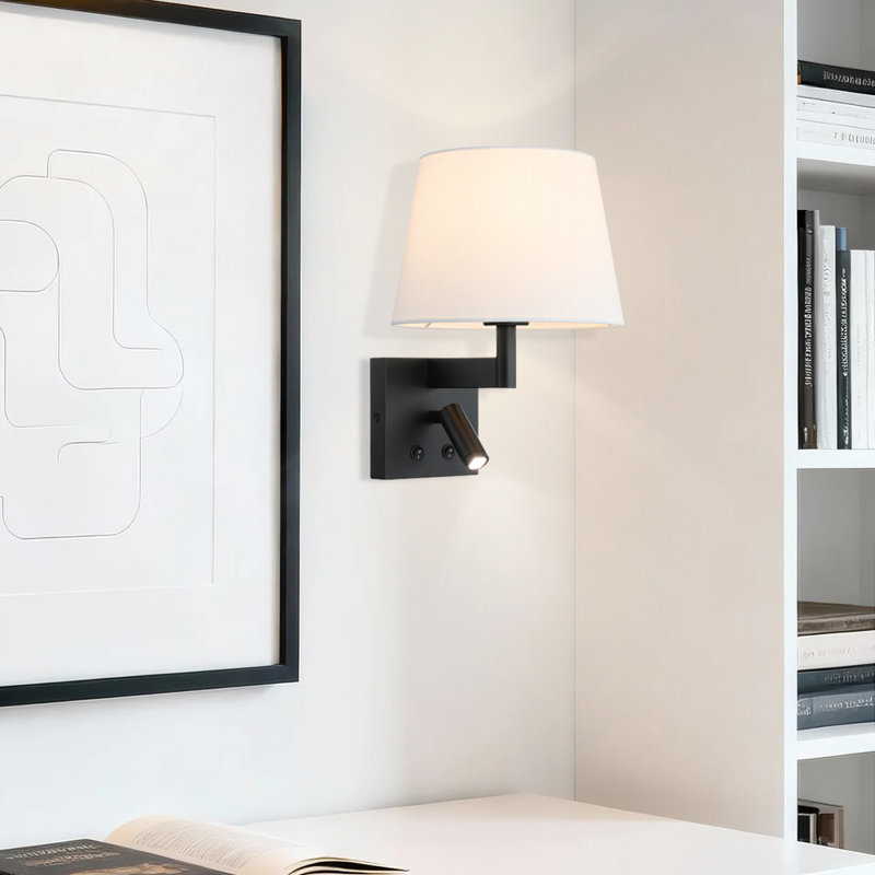 Matte Black Bedroom Fabric Shade Wall Sconce with LED Reading Lamp
